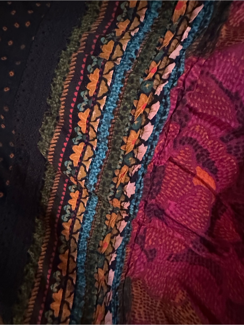 Farm Rio, Bohemian Patchwork V-Neck Long Sleeve Dress in Navy Multi - Picture 5 of 6